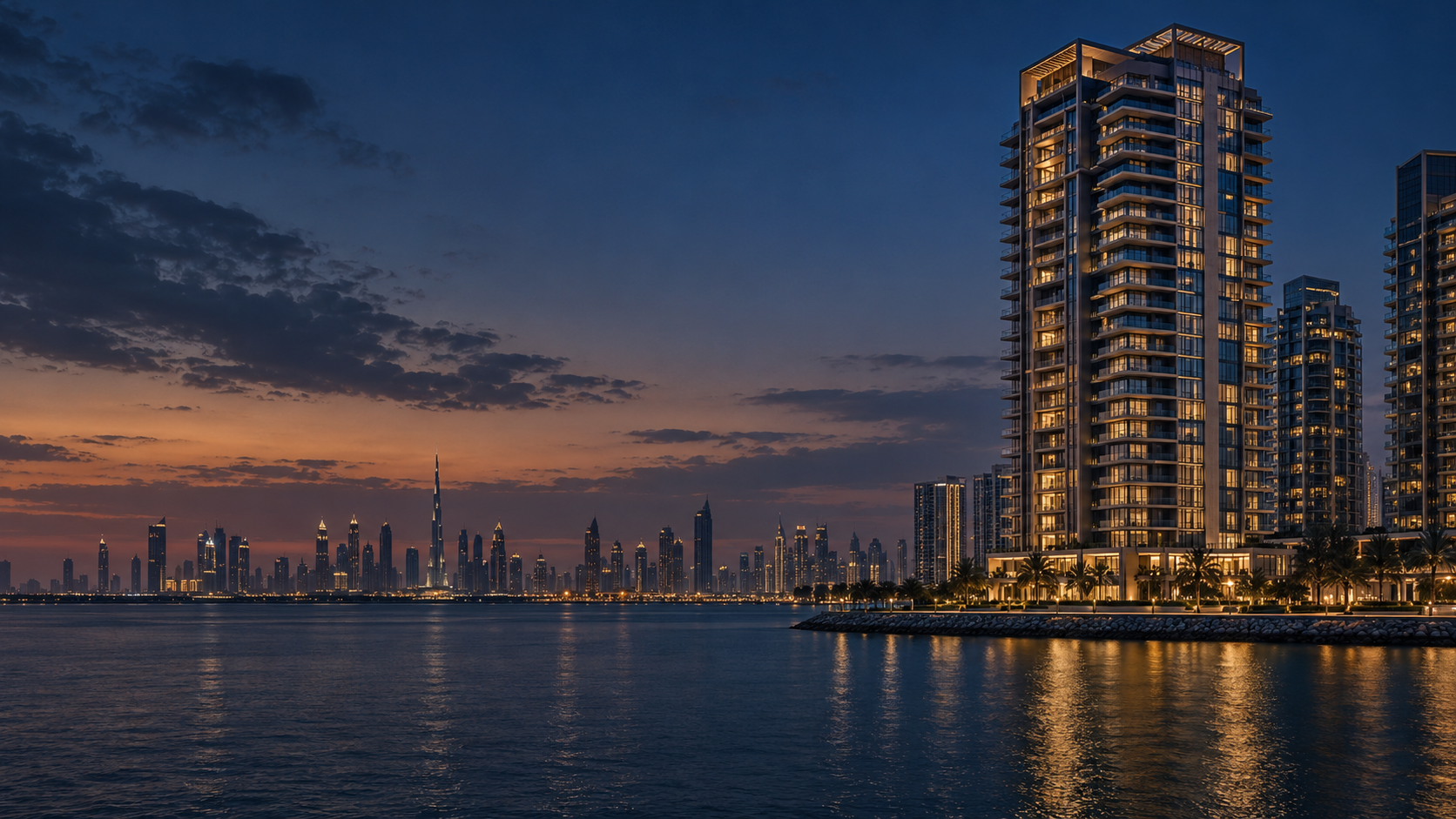 Dubai waterfront residences at dusk